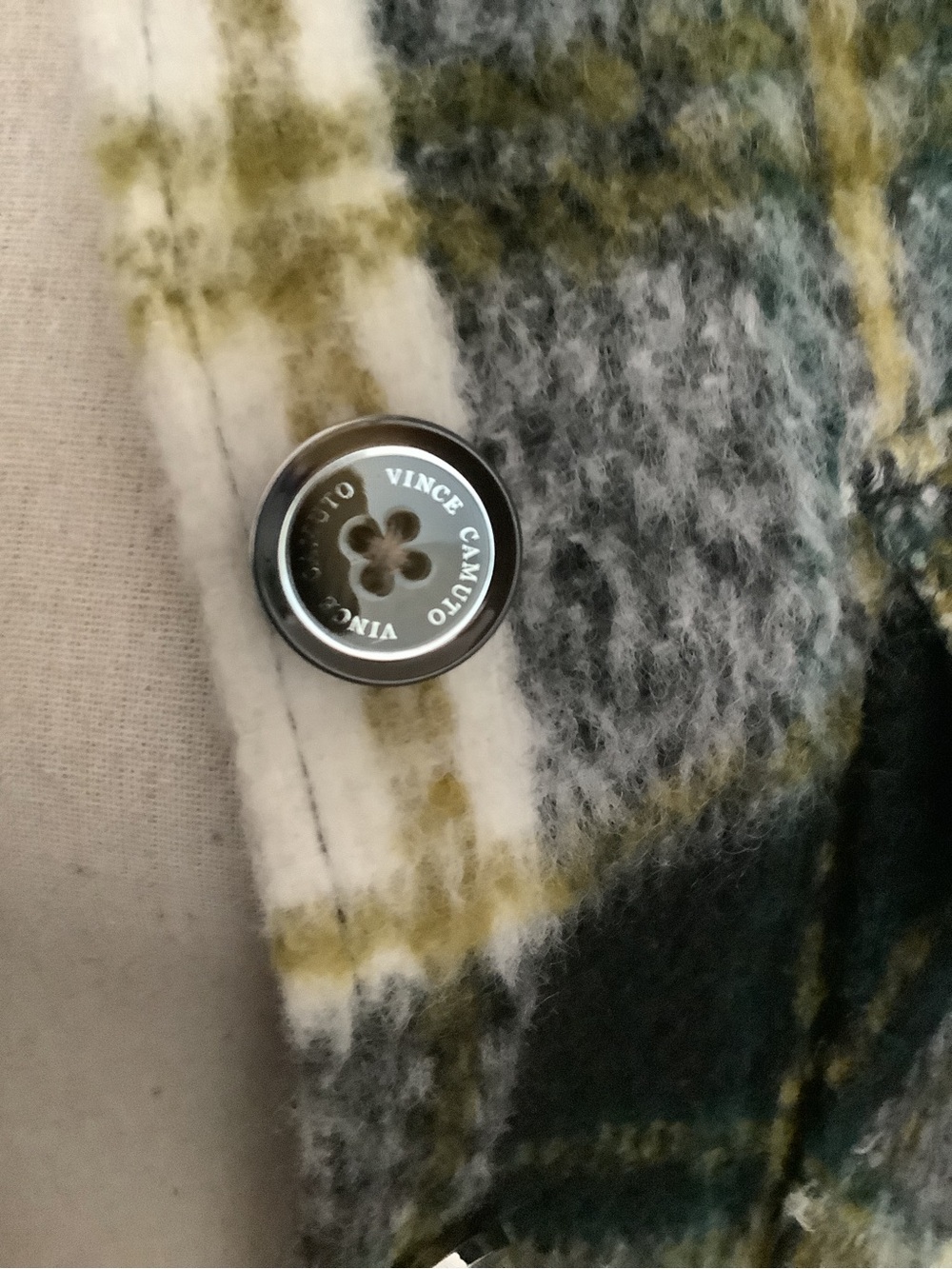 Vince Camuto Olive Green, Black & Cream Plaid Teddy Shacket - Picture 4 of 6